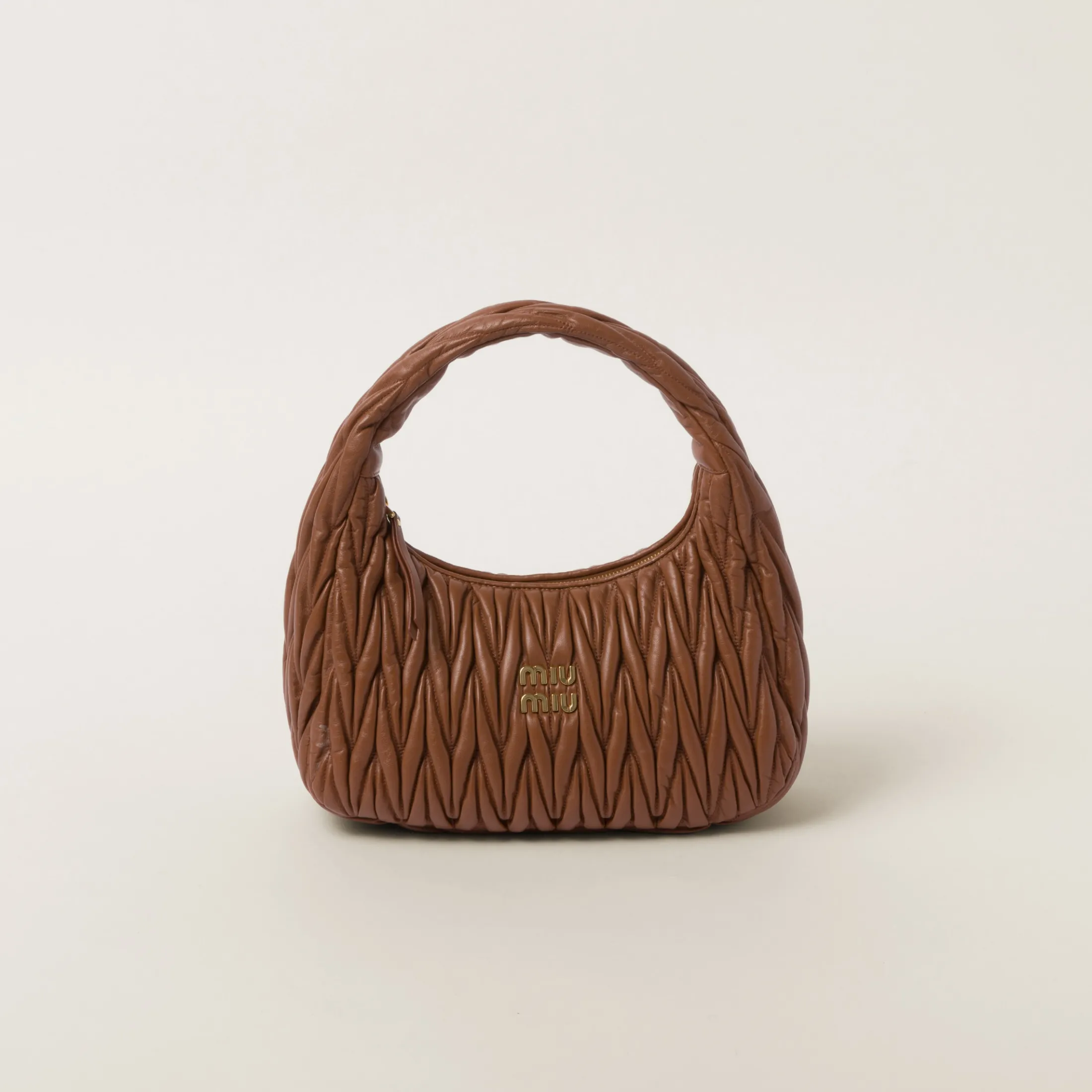 Cognac Wander Matelassé Nappa Leather Hobo Bag | Miu Miu