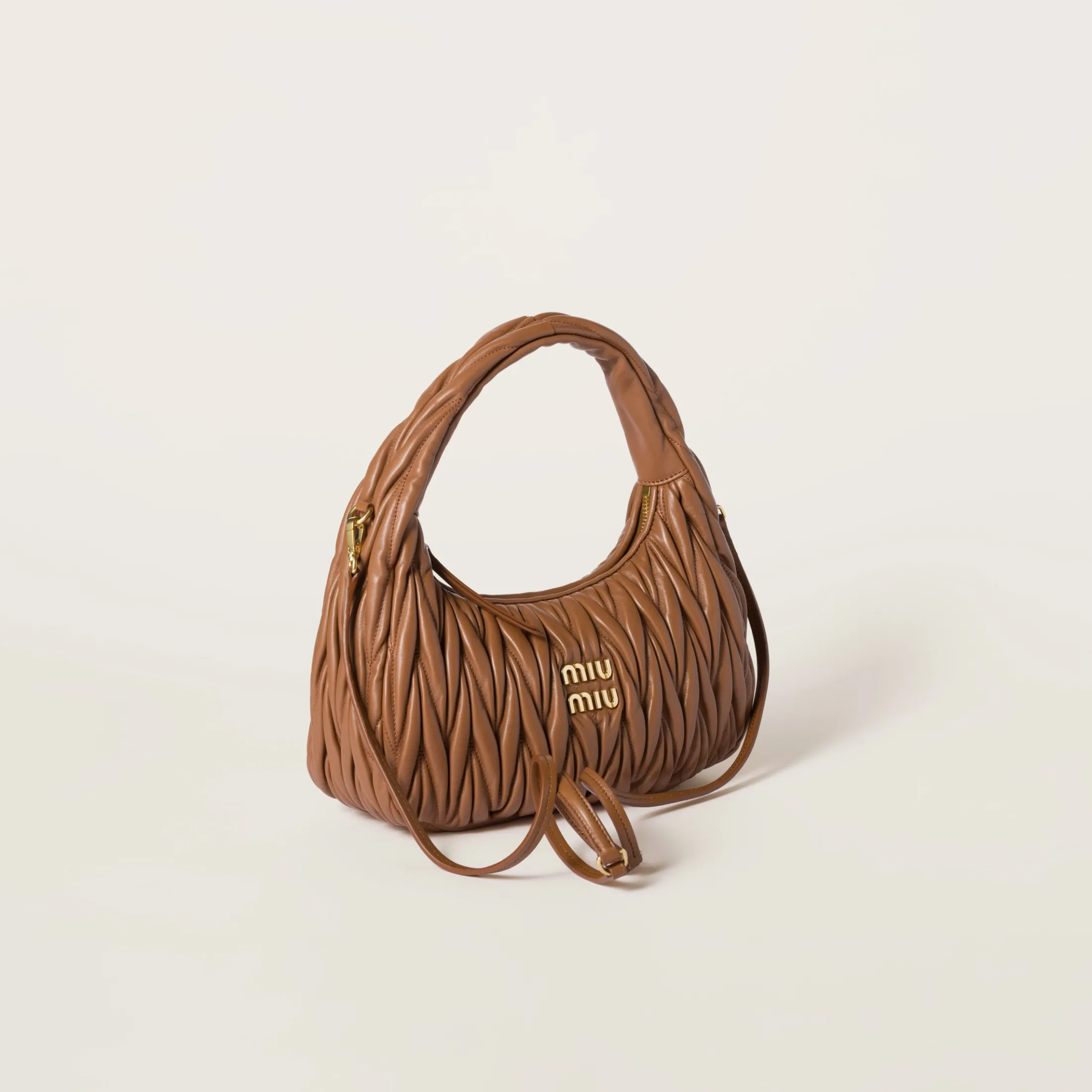 Cognac Wander Matelassé Nappa Leather Hobo Bag | Miu Miu