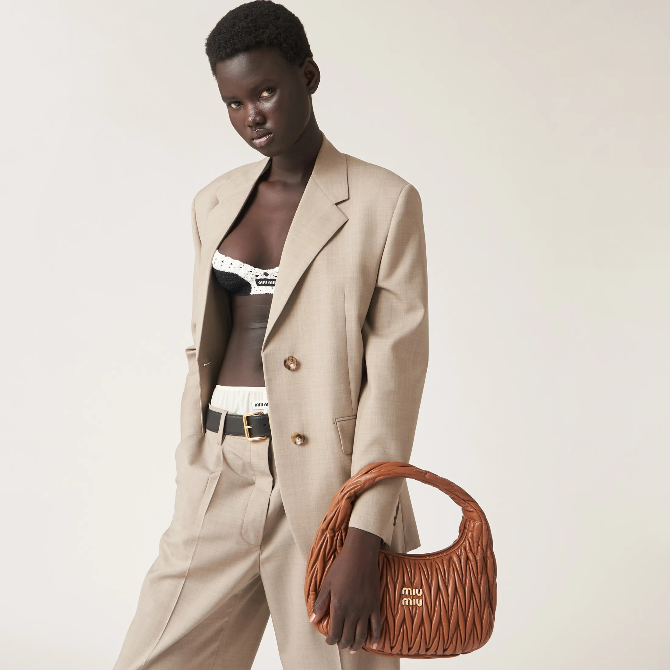 Cognac Wander Matelassé Nappa Leather Hobo Bag | Miu Miu