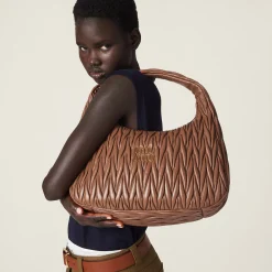 Cognac Wander Matelassé Nappa Leather Hobo Bag | Miu Miu