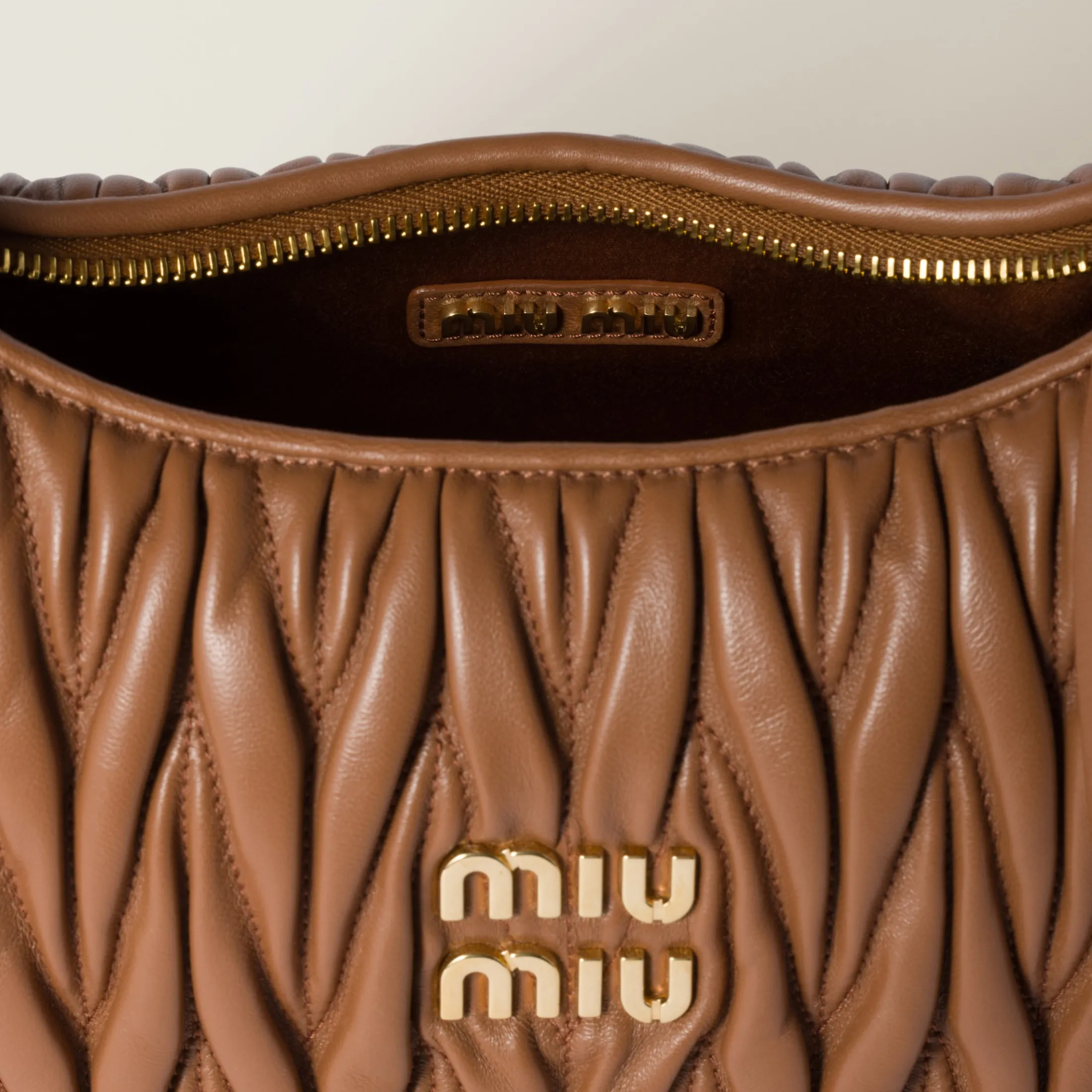 Cognac Wander Matelassé Nappa Leather Hobo Bag | Miu Miu