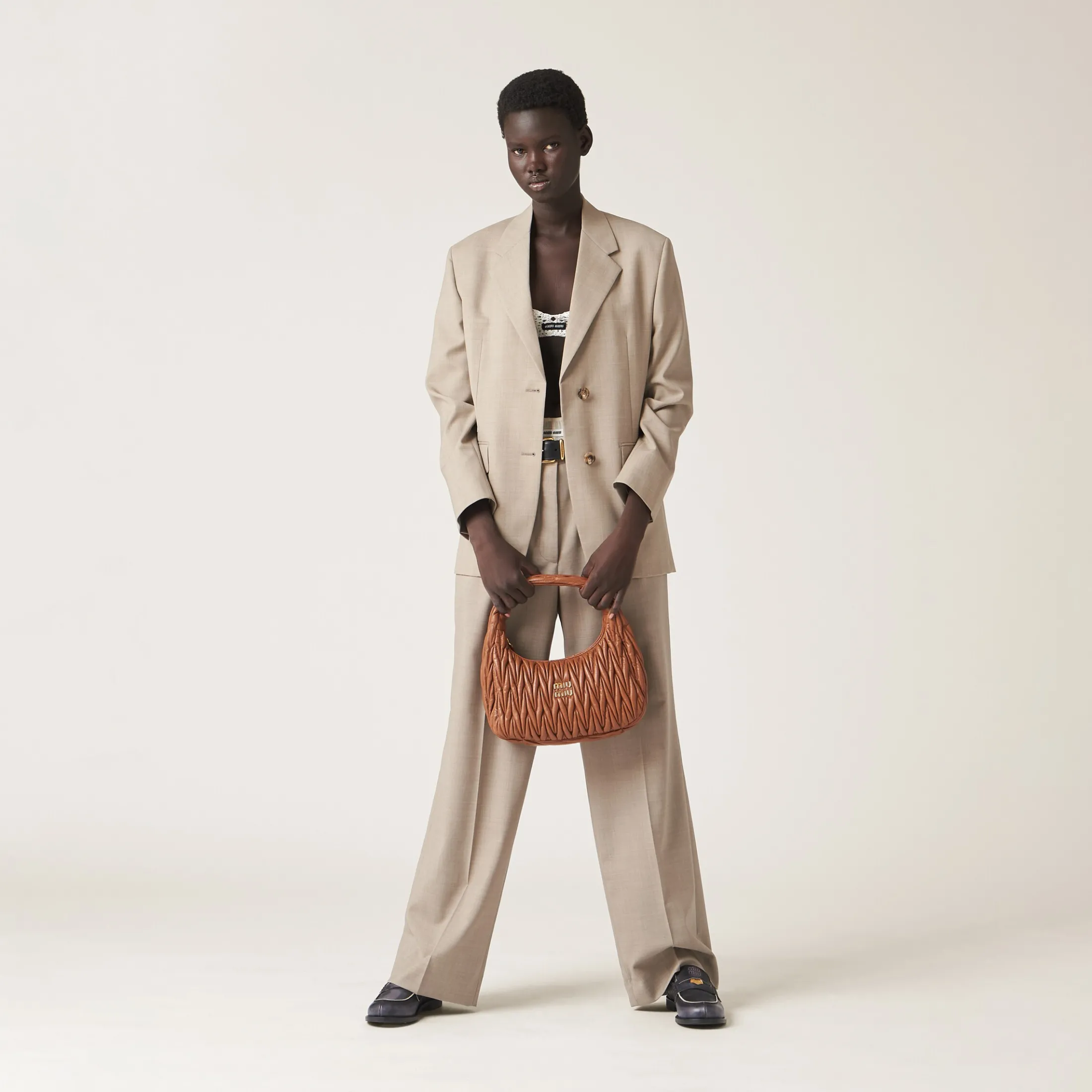 Cognac Wander Matelassé Nappa Leather Hobo Bag | Miu Miu