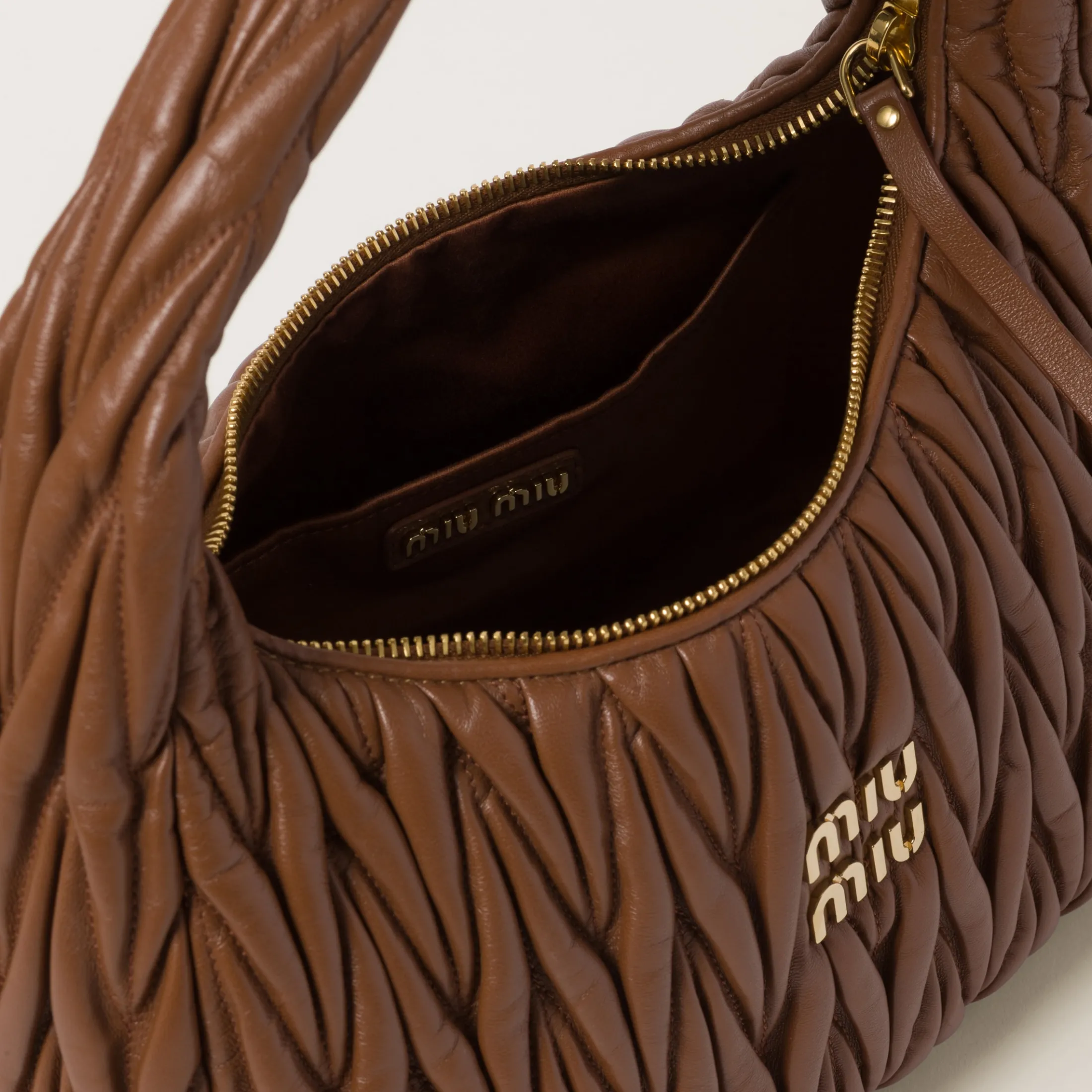 Cognac Wander Matelassé Nappa Leather Hobo Bag | Miu Miu