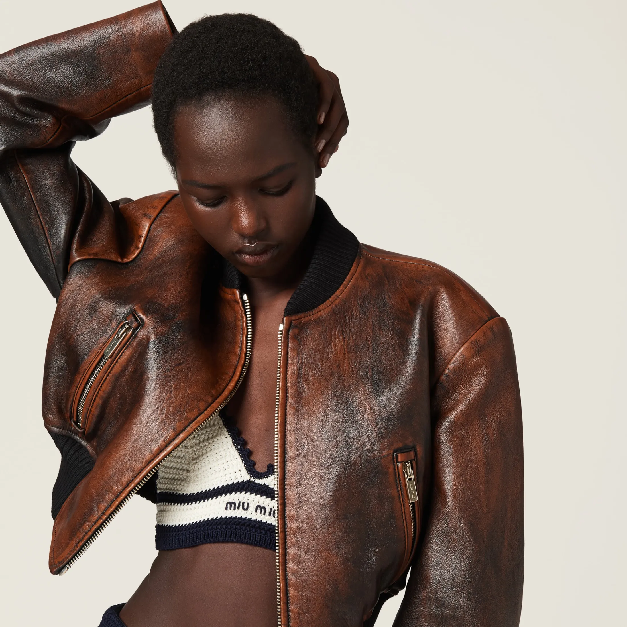 Cognac/black Nappa Leather Jacket | Miu Miu