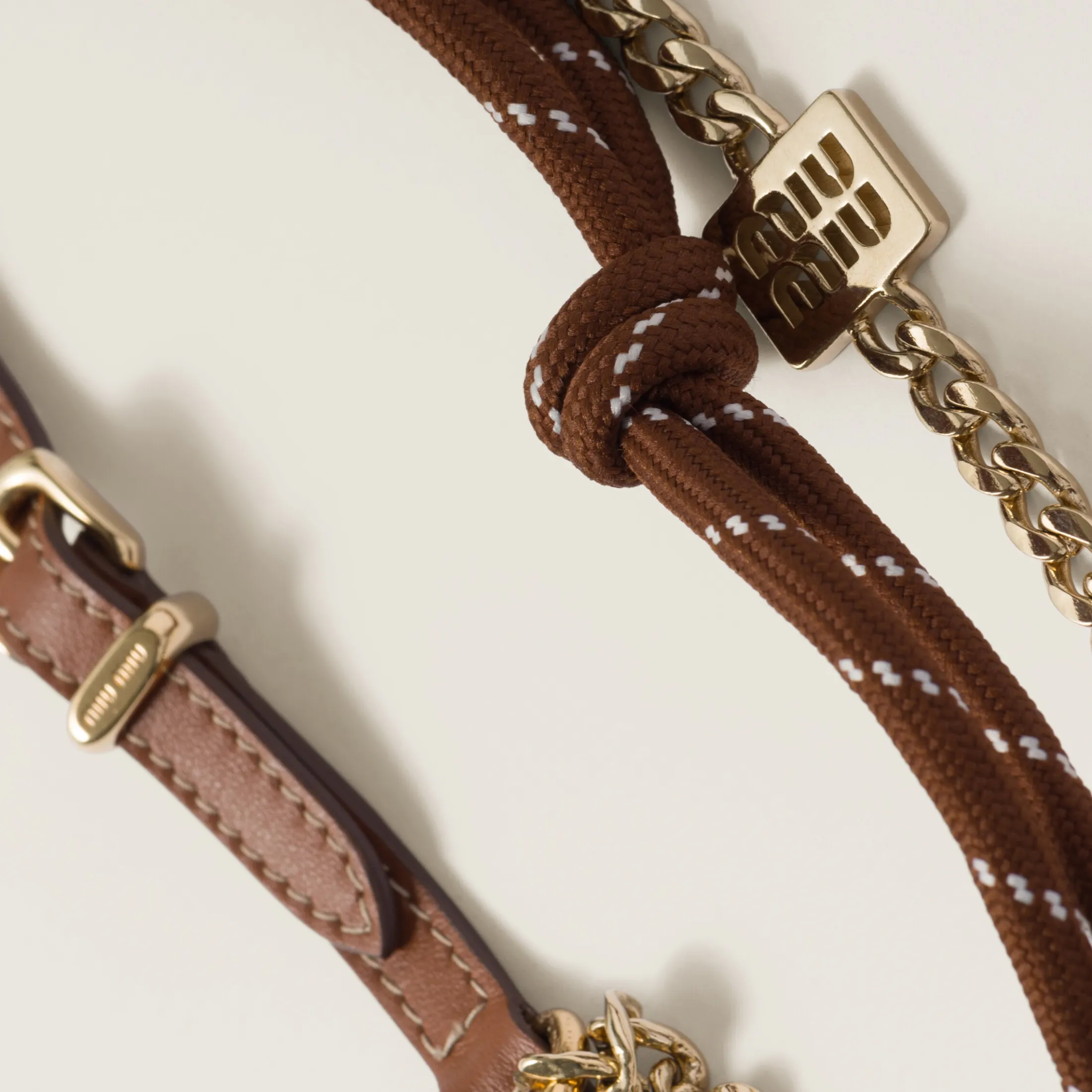 Cognac/tobacco Leather, Cord, And Metal Trick | Miu Miu
