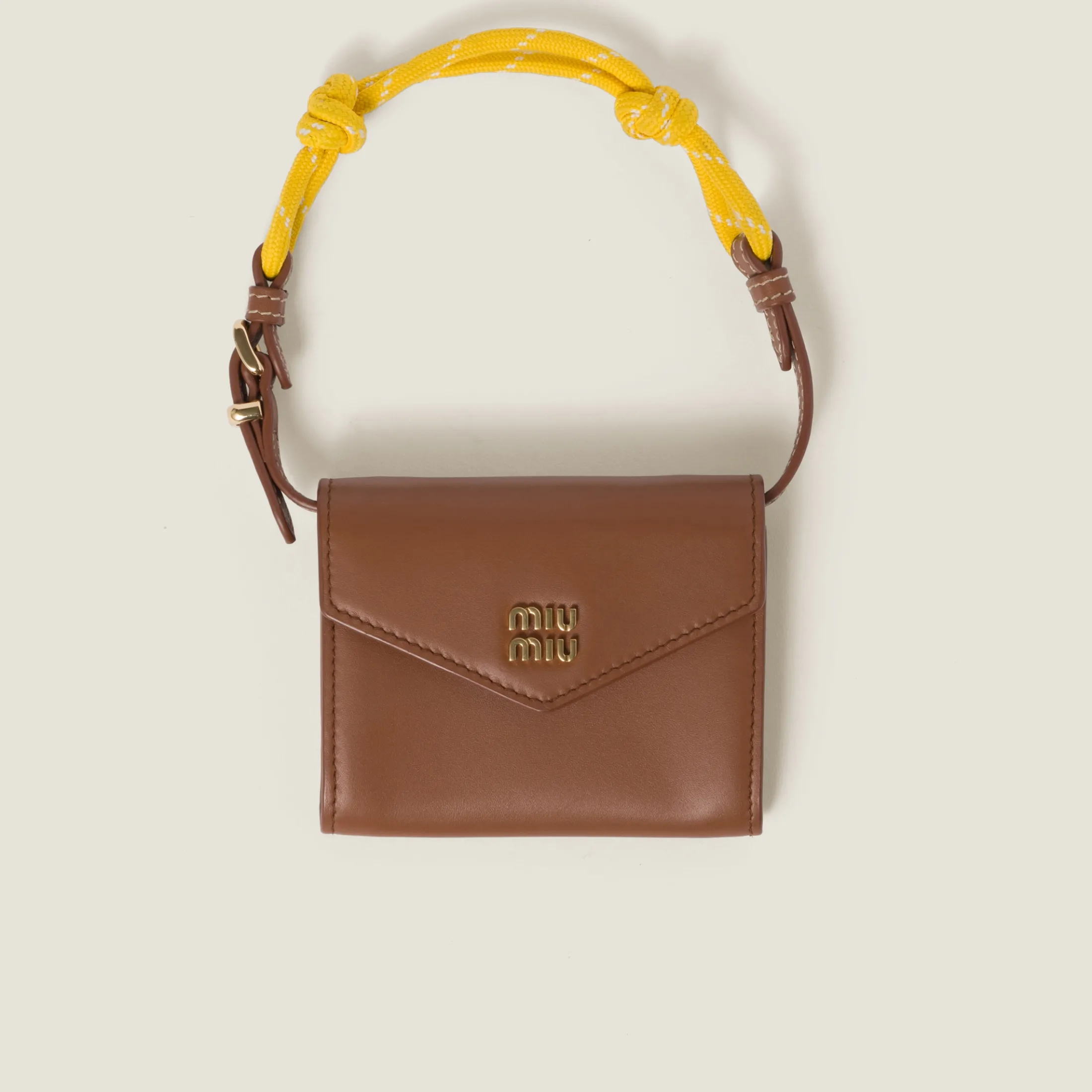 Cognac/yellow Leather Wallet With Leather And Cord Shoulder Strap | Miu Miu