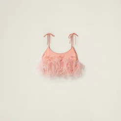 Coral Feather-trimmed Satin Top | Miu Miu