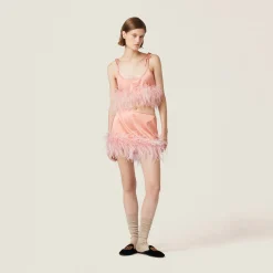 Coral Feather-trimmed Satin Top | Miu Miu
