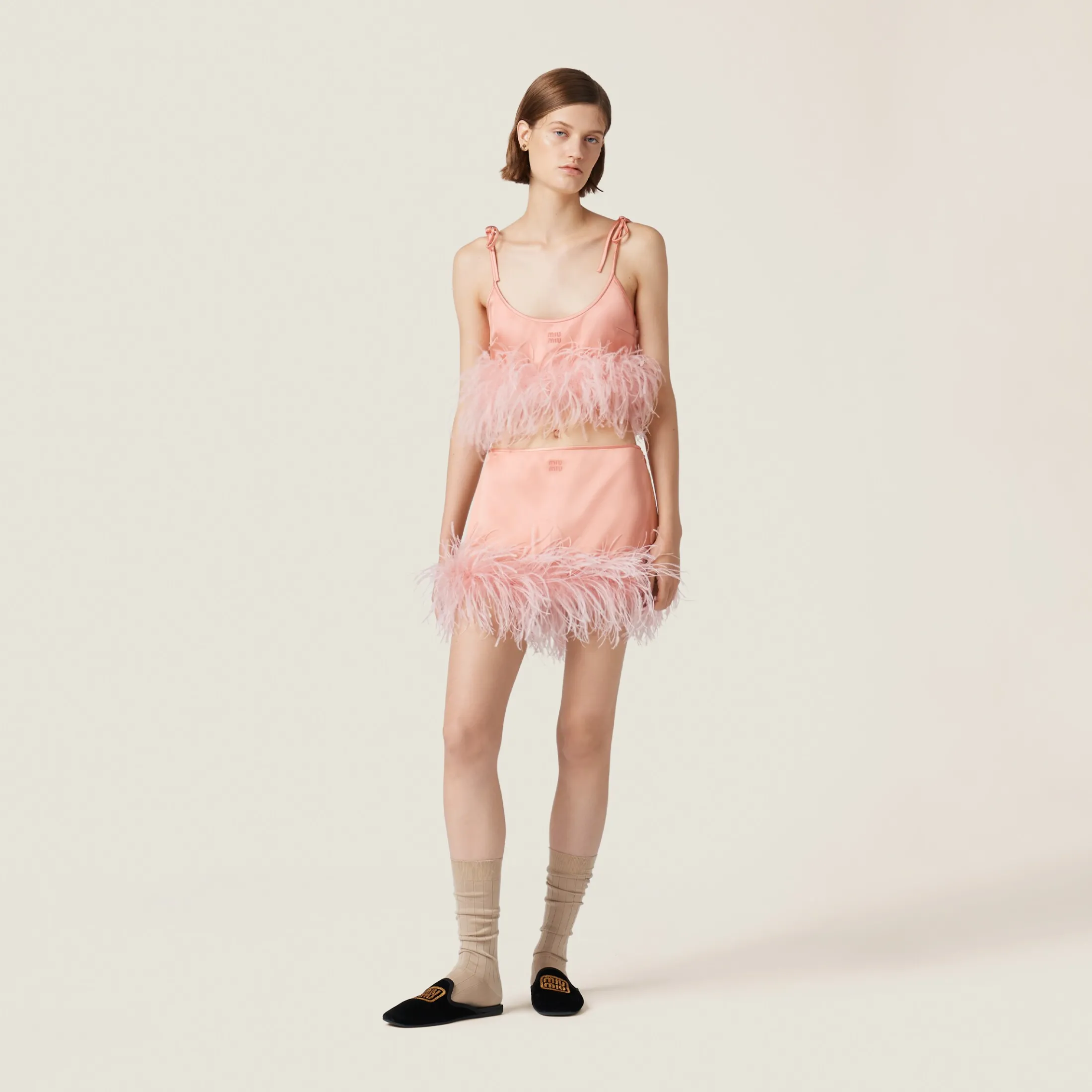 Coral Feather-trimmed Satin Miniskirt | Miu Miu