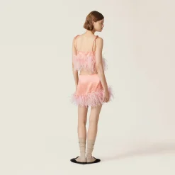 Coral Feather-trimmed Satin Top | Miu Miu
