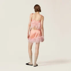 Coral Feather-trimmed Satin Miniskirt | Miu Miu