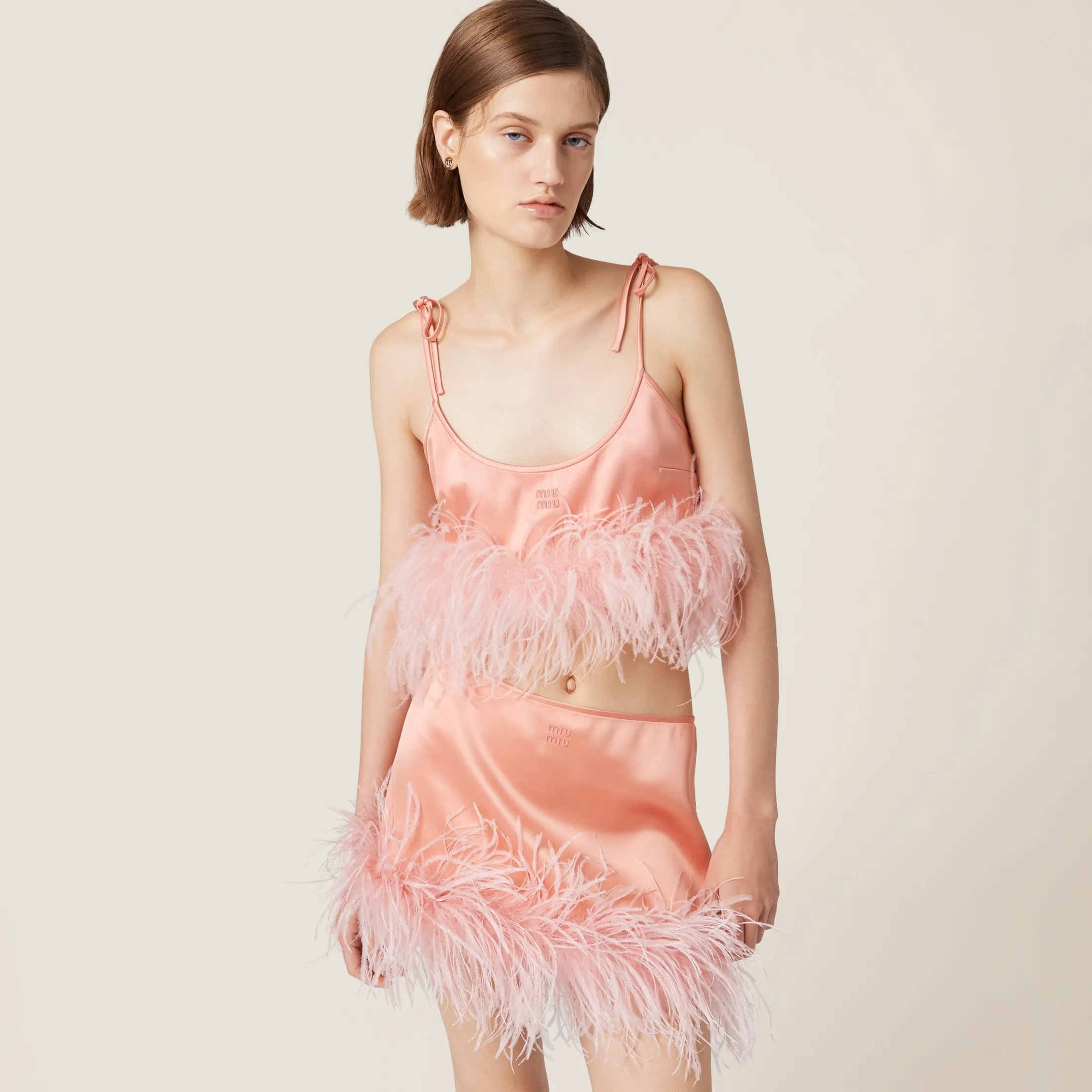 Coral Feather-trimmed Satin Miniskirt | Miu Miu
