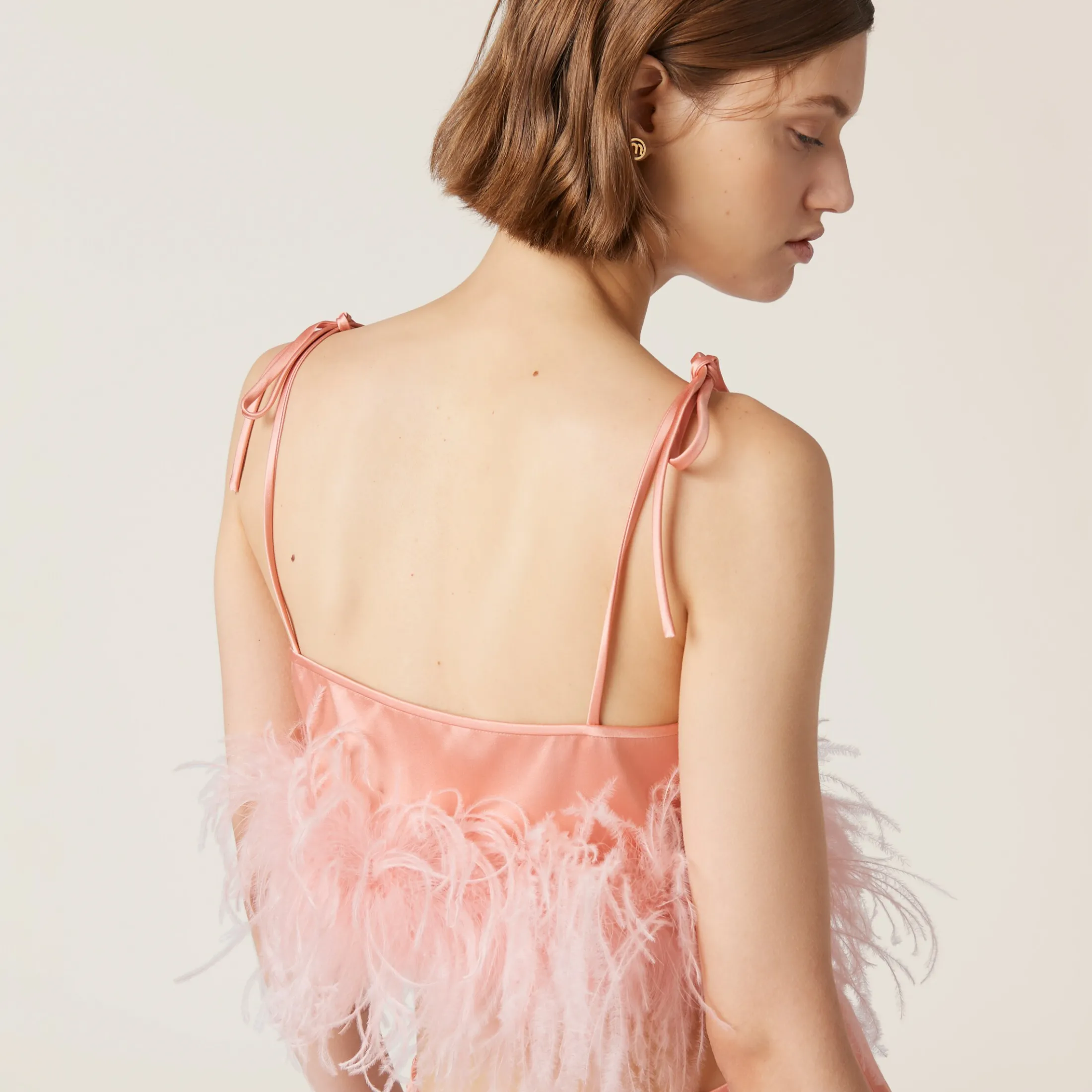 Coral Feather-trimmed Satin Top | Miu Miu