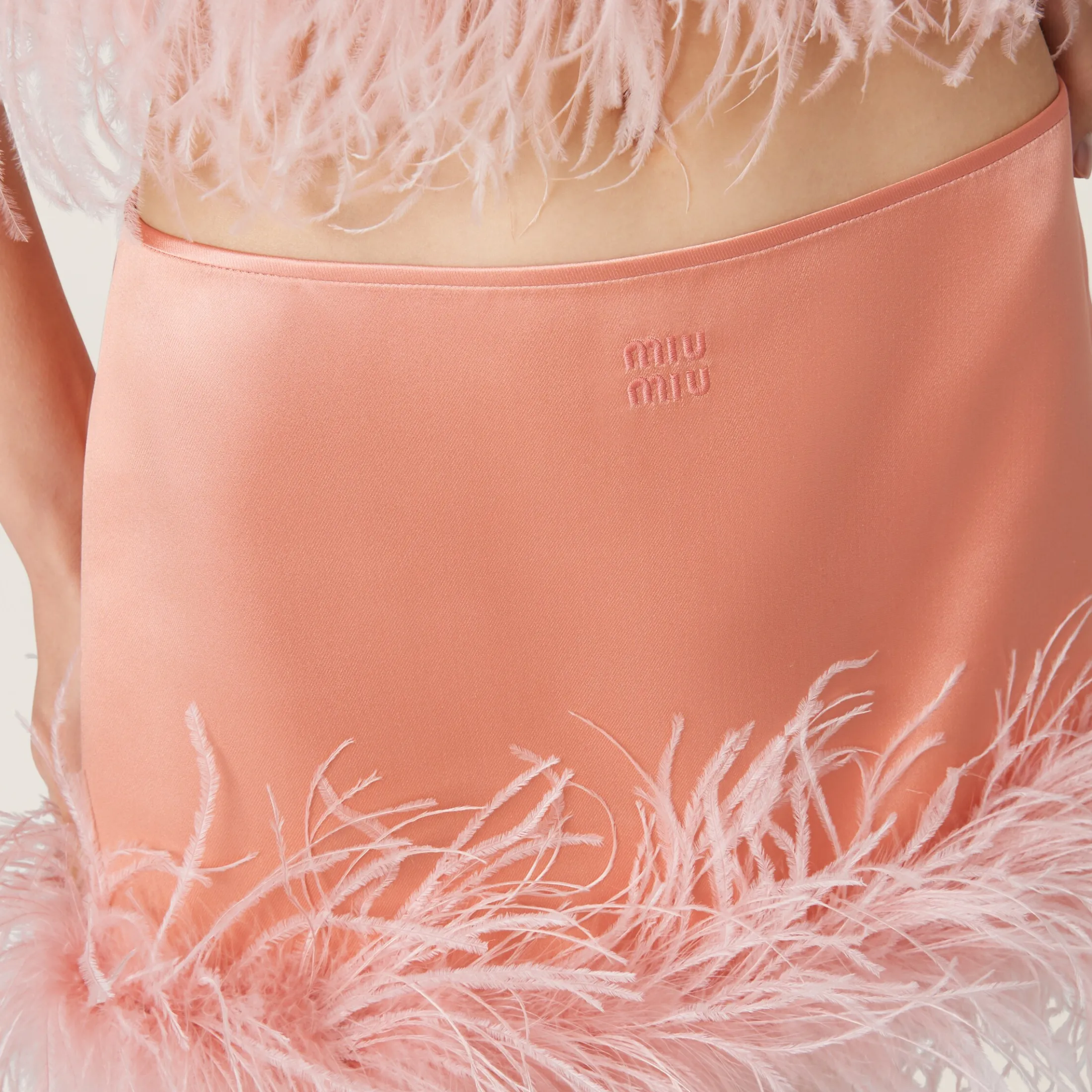 Coral Feather-trimmed Satin Miniskirt | Miu Miu