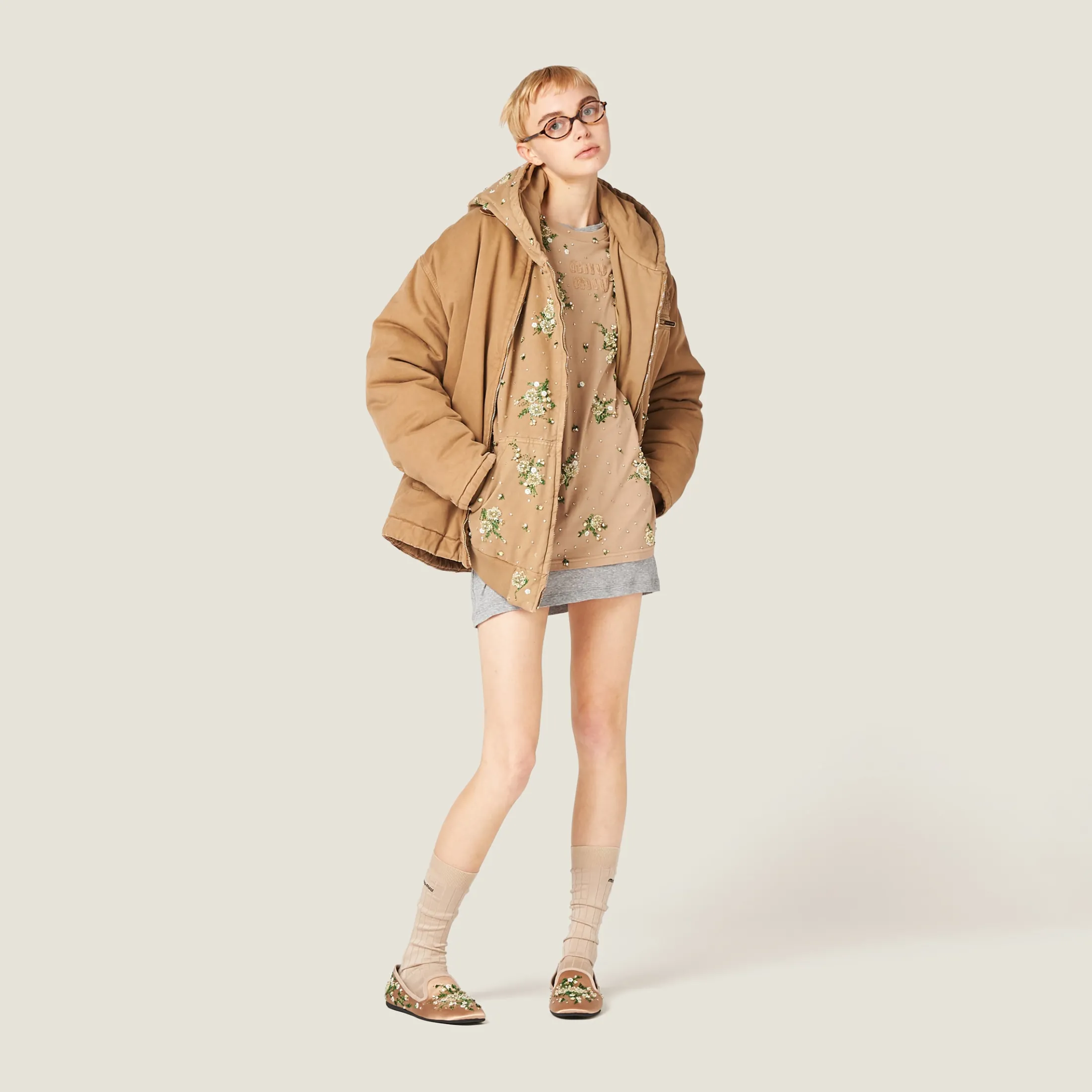 Cord Embroidered Garment-dyed Gabardine Blouson Jacket | Miu Miu