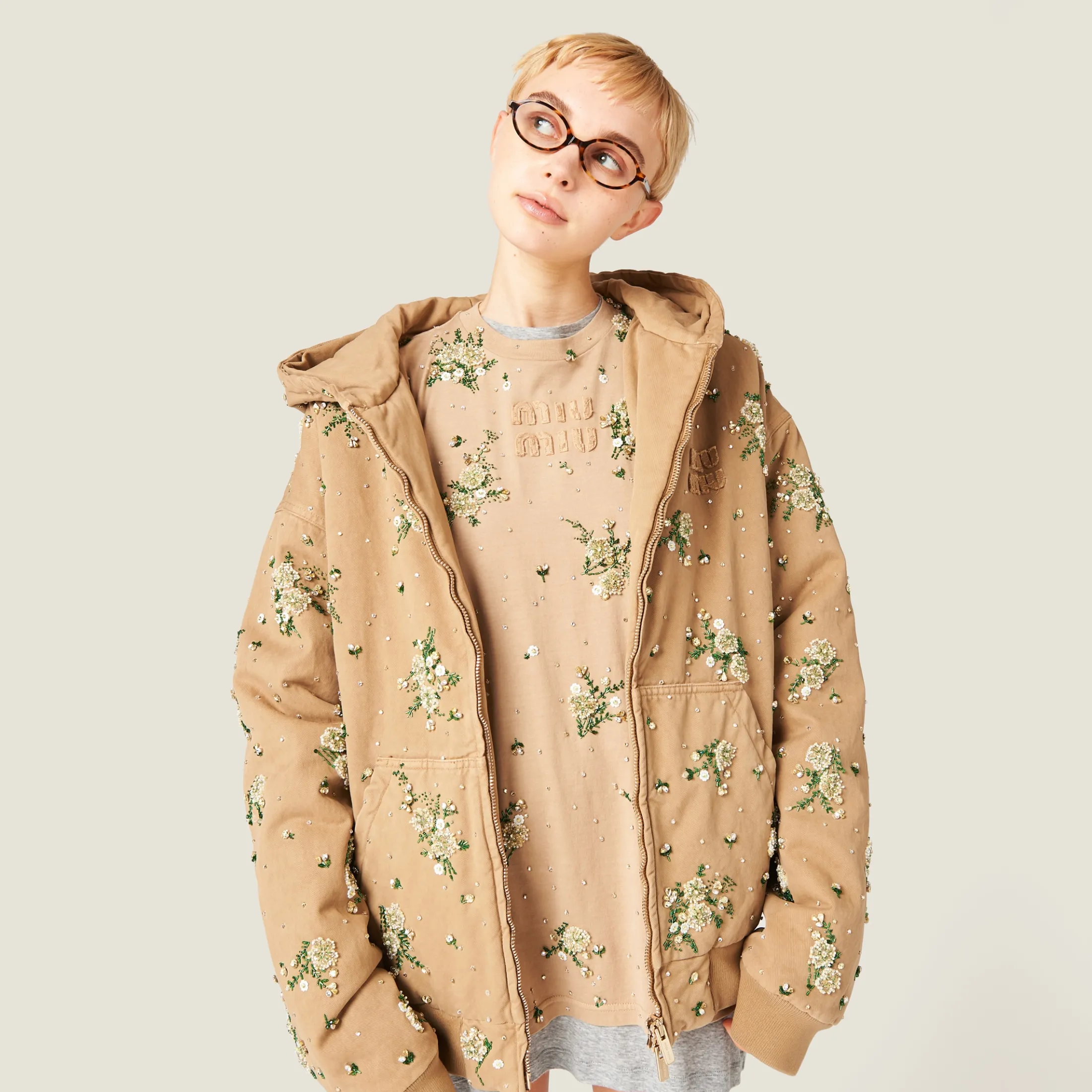 Cord Embroidered Garment-dyed Gabardine Blouson Jacket | Miu Miu