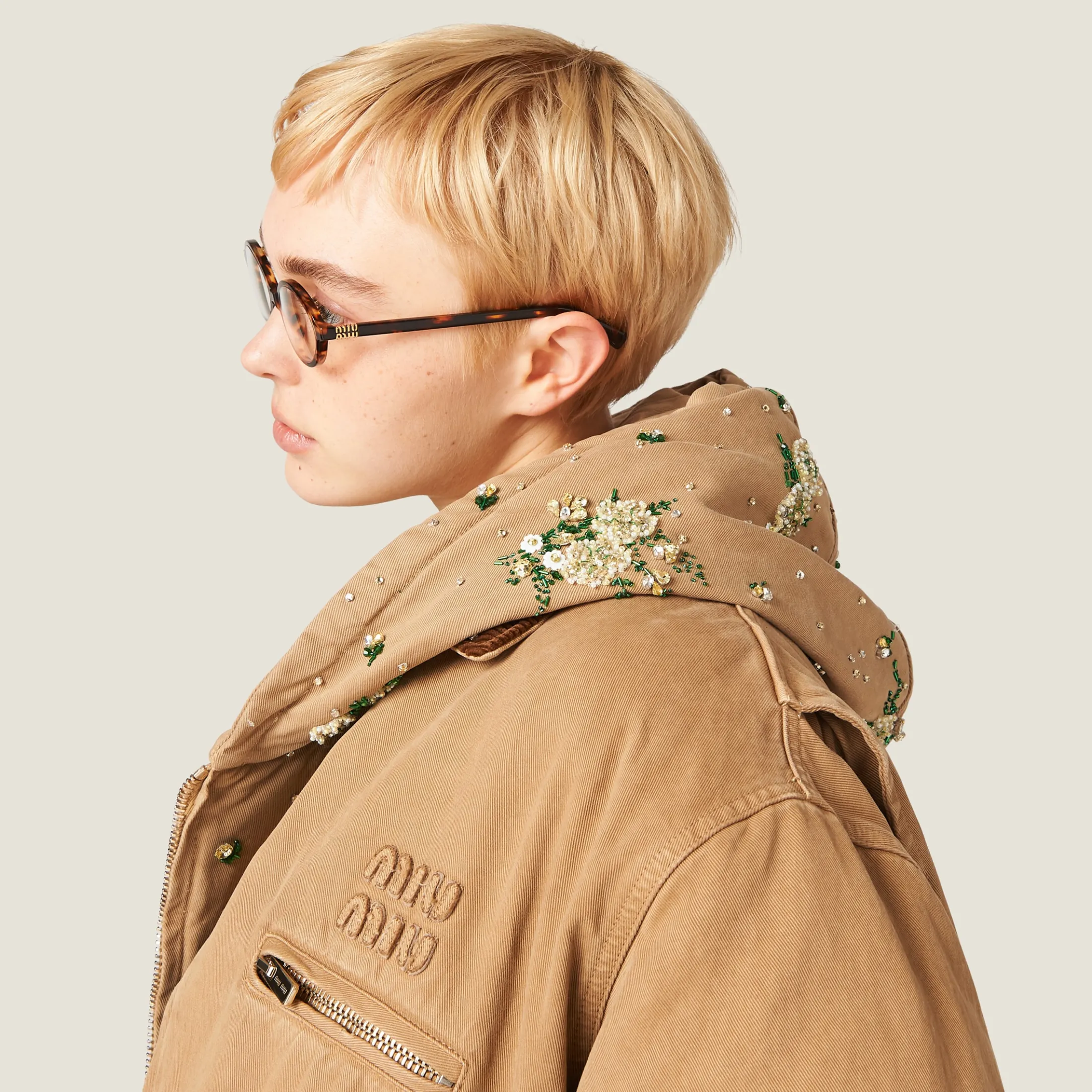 Cord Embroidered Garment-dyed Gabardine Blouson Jacket | Miu Miu