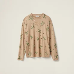 Cord Garment-dyed Long-sleeve Jersey T-shirt With Embroidery | Miu Miu