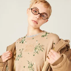 Cord Garment-dyed Long-sleeve Jersey T-shirt With Embroidery | Miu Miu