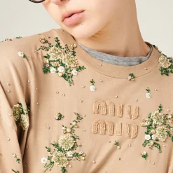 Cord Garment-dyed Long-sleeve Jersey T-shirt With Embroidery | Miu Miu