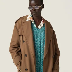 Cork Beige Double-breasted Gabardine Coat | Miu Miu