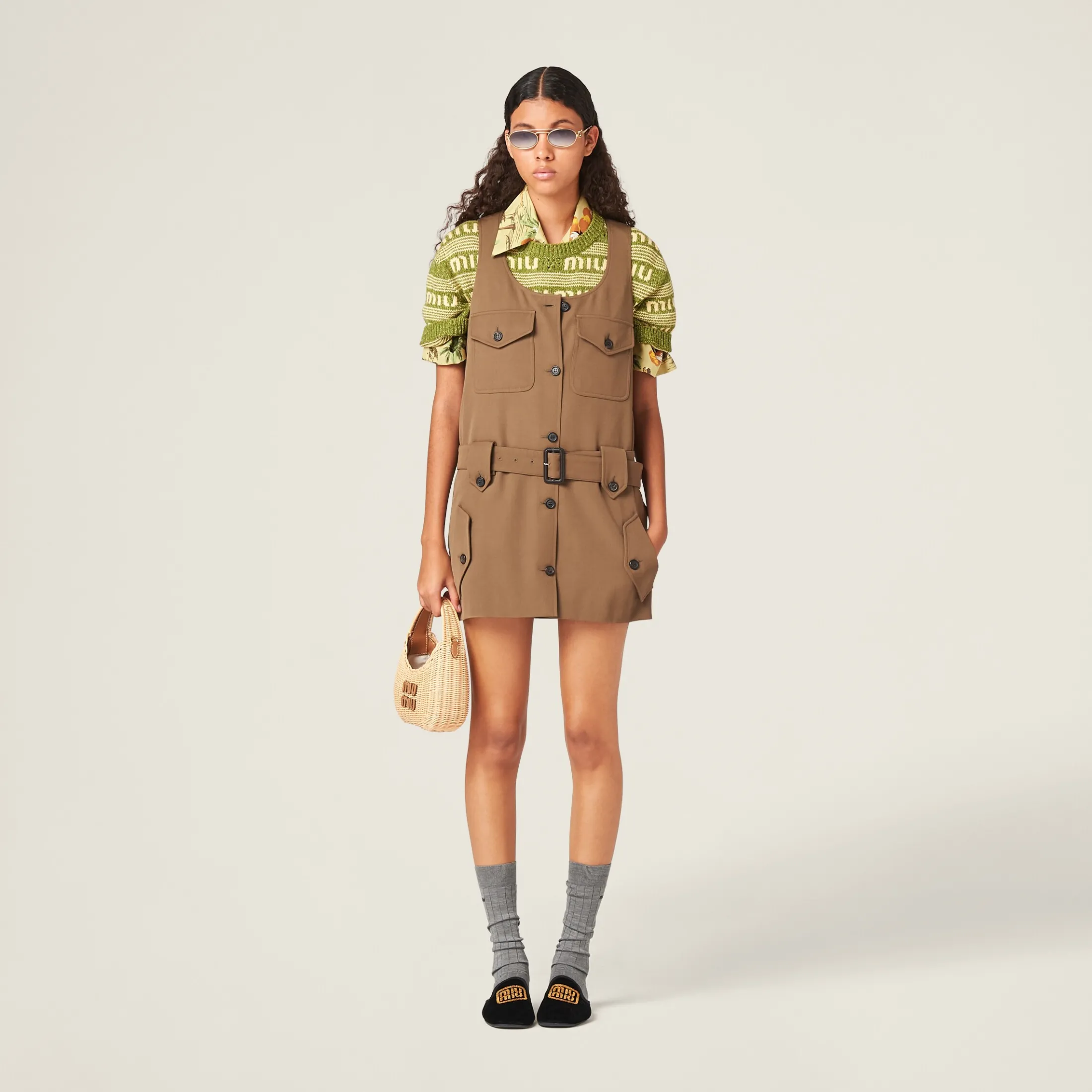 Cork Beige Gabardine Mini-dress | Miu Miu