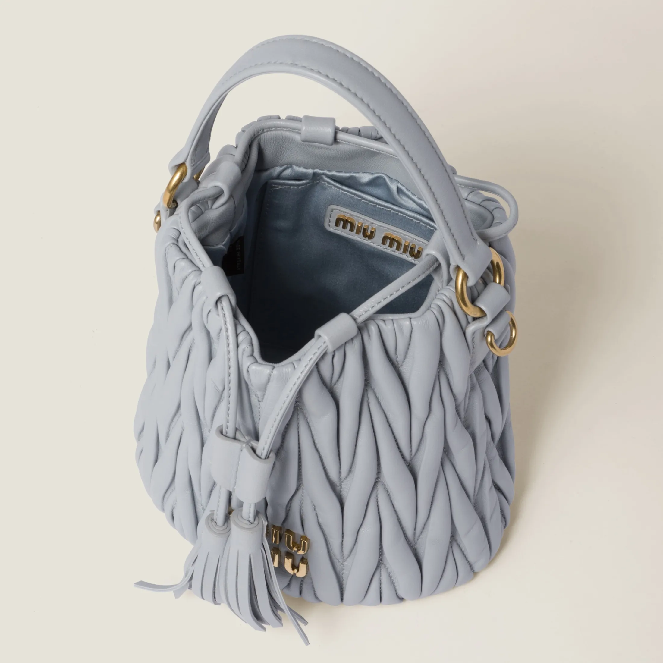 Cornflower Matelassé Nappa Leather Bucket Bag | Miu Miu