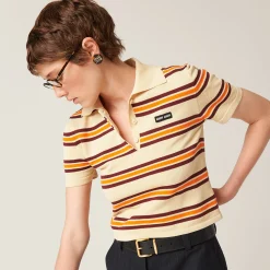 Cream Silk And Cotton Knit Polo Shirt | Miu Miu