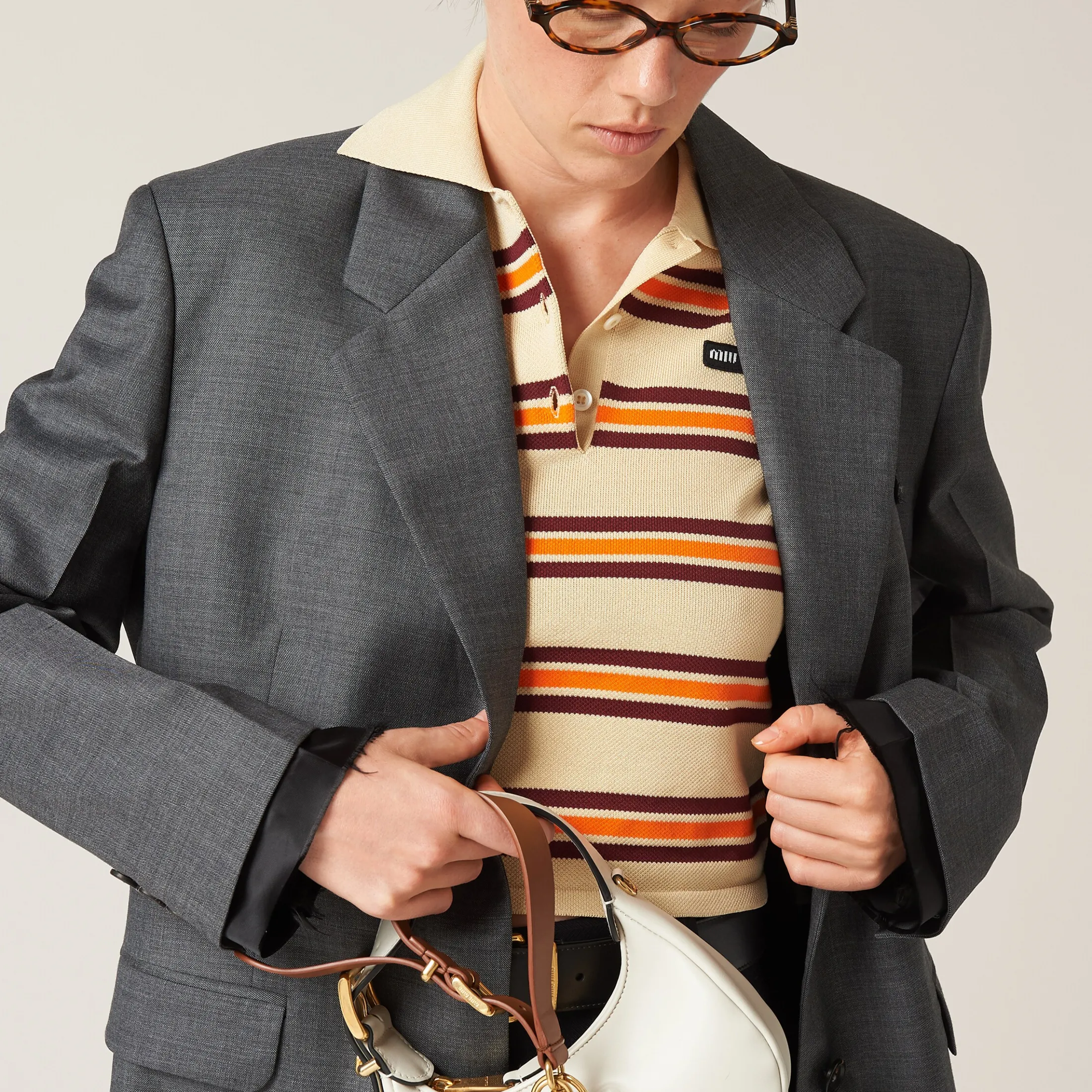 Cream Silk And Cotton Knit Polo Shirt | Miu Miu