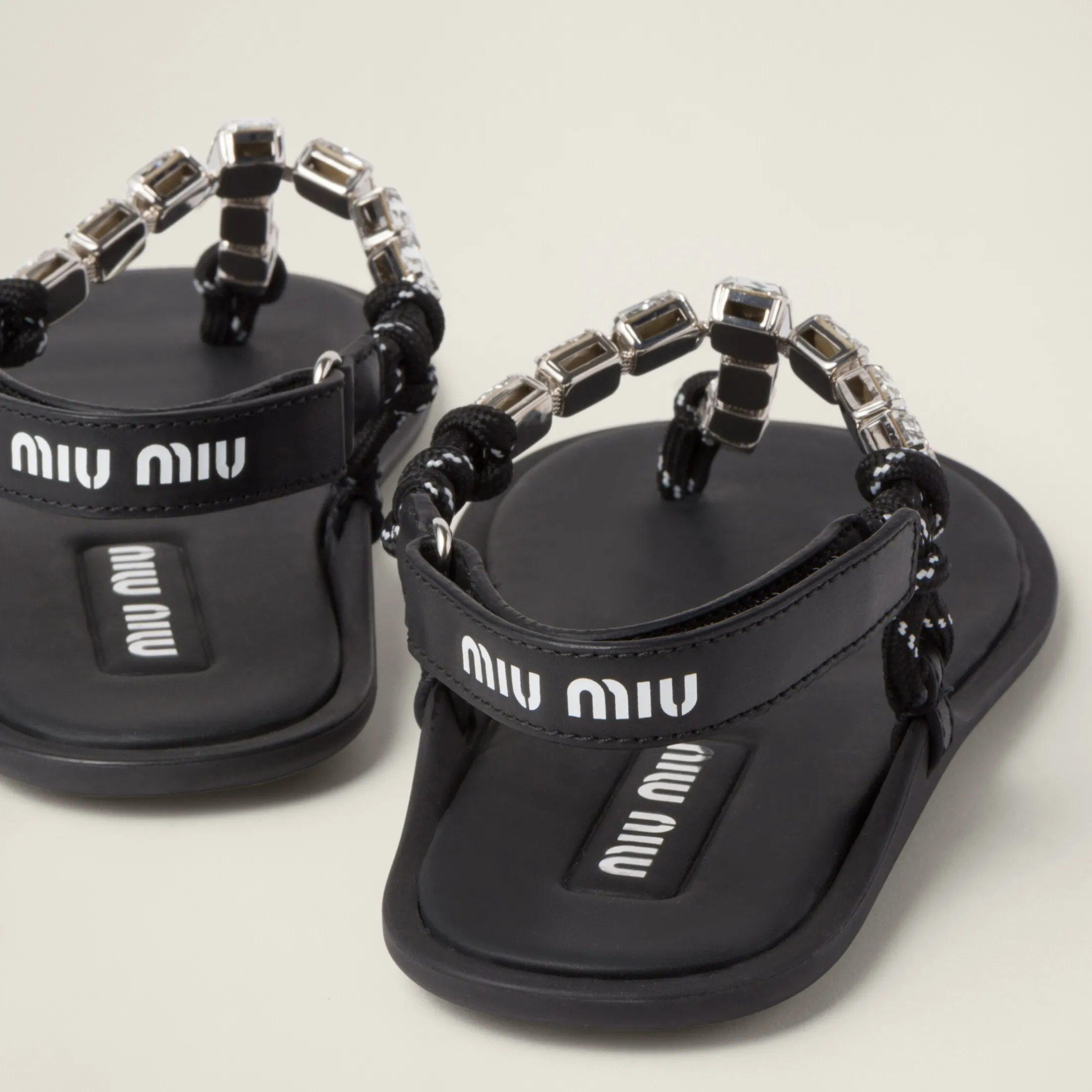 Crystal/black Cotton Cord Thong Sandals | Miu Miu