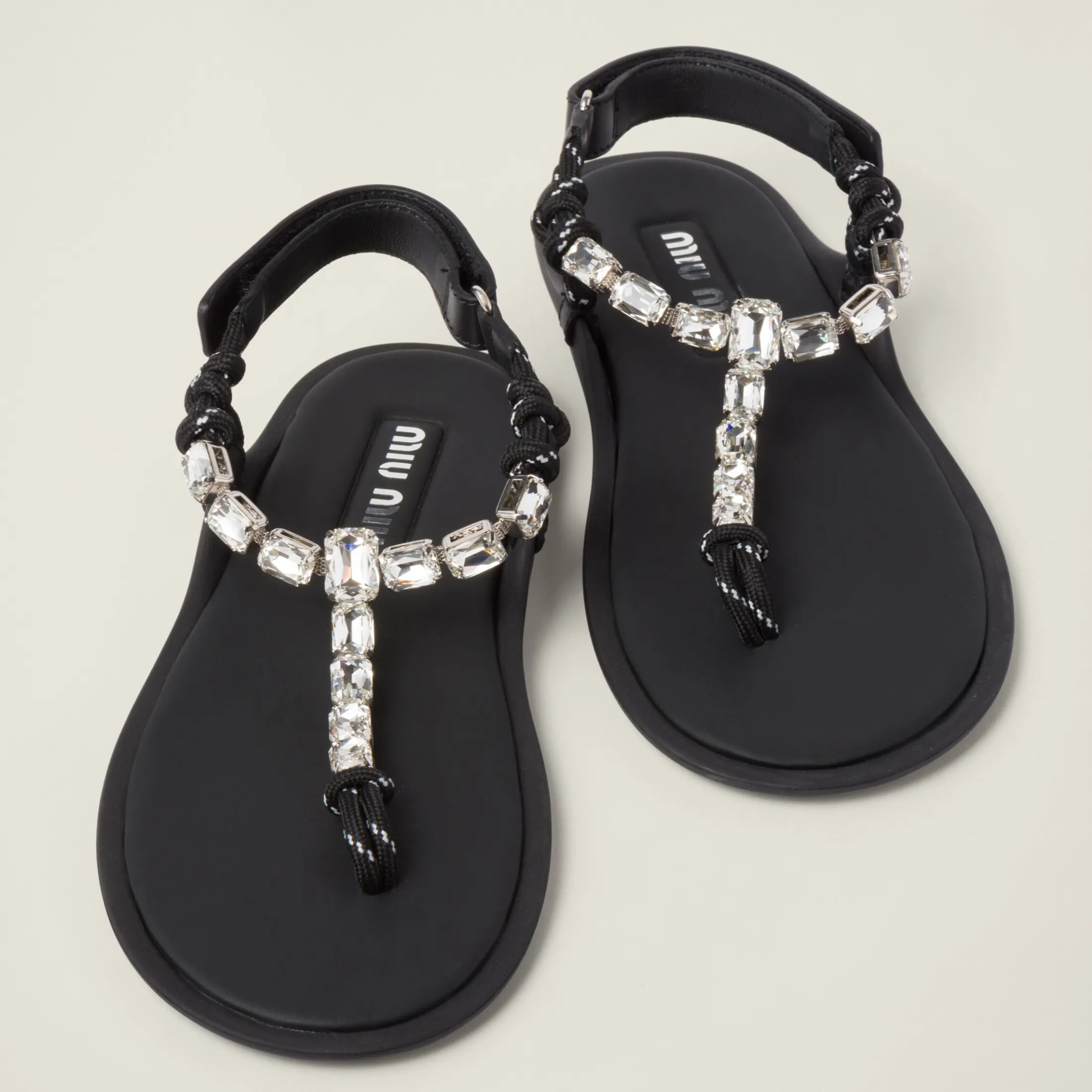 Crystal/black Cotton Cord Thong Sandals | Miu Miu