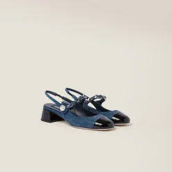 Denim/black Denim And Patent Leather Slingback Pumps With Artificial Crystals | Miu Miu