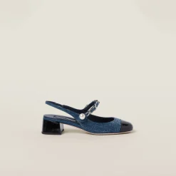 Denim/black Denim And Patent Leather Slingback Pumps With Artificial Crystals | Miu Miu