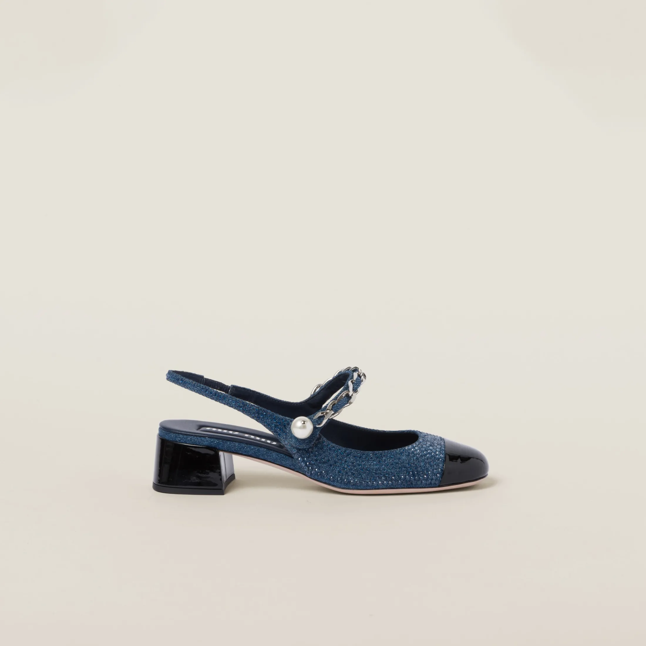 Denim/black Denim And Patent Leather Slingback Pumps With Artificial Crystals | Miu Miu