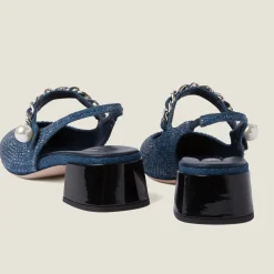 Denim/black Denim And Patent Leather Slingback Pumps With Artificial Crystals | Miu Miu