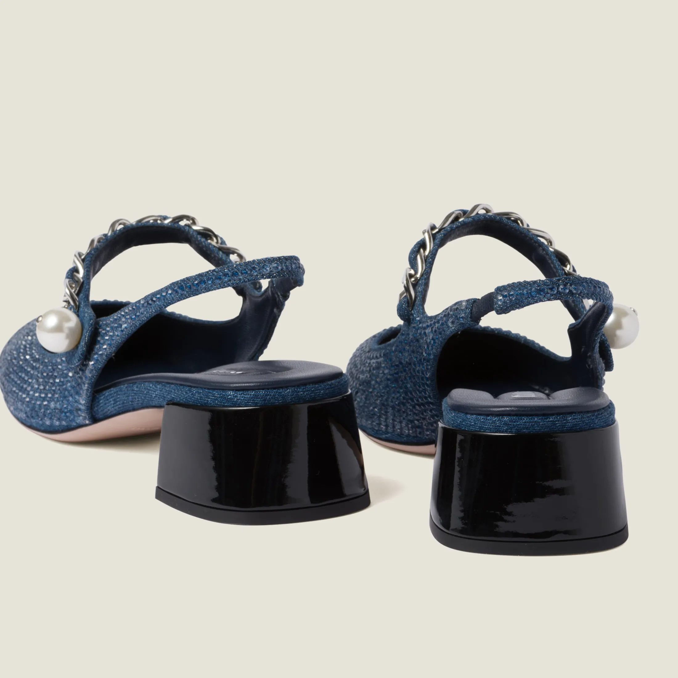 Denim/black Denim And Patent Leather Slingback Pumps With Artificial Crystals | Miu Miu