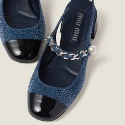 Denim/black Denim And Patent Leather Slingback Pumps With Artificial Crystals | Miu Miu