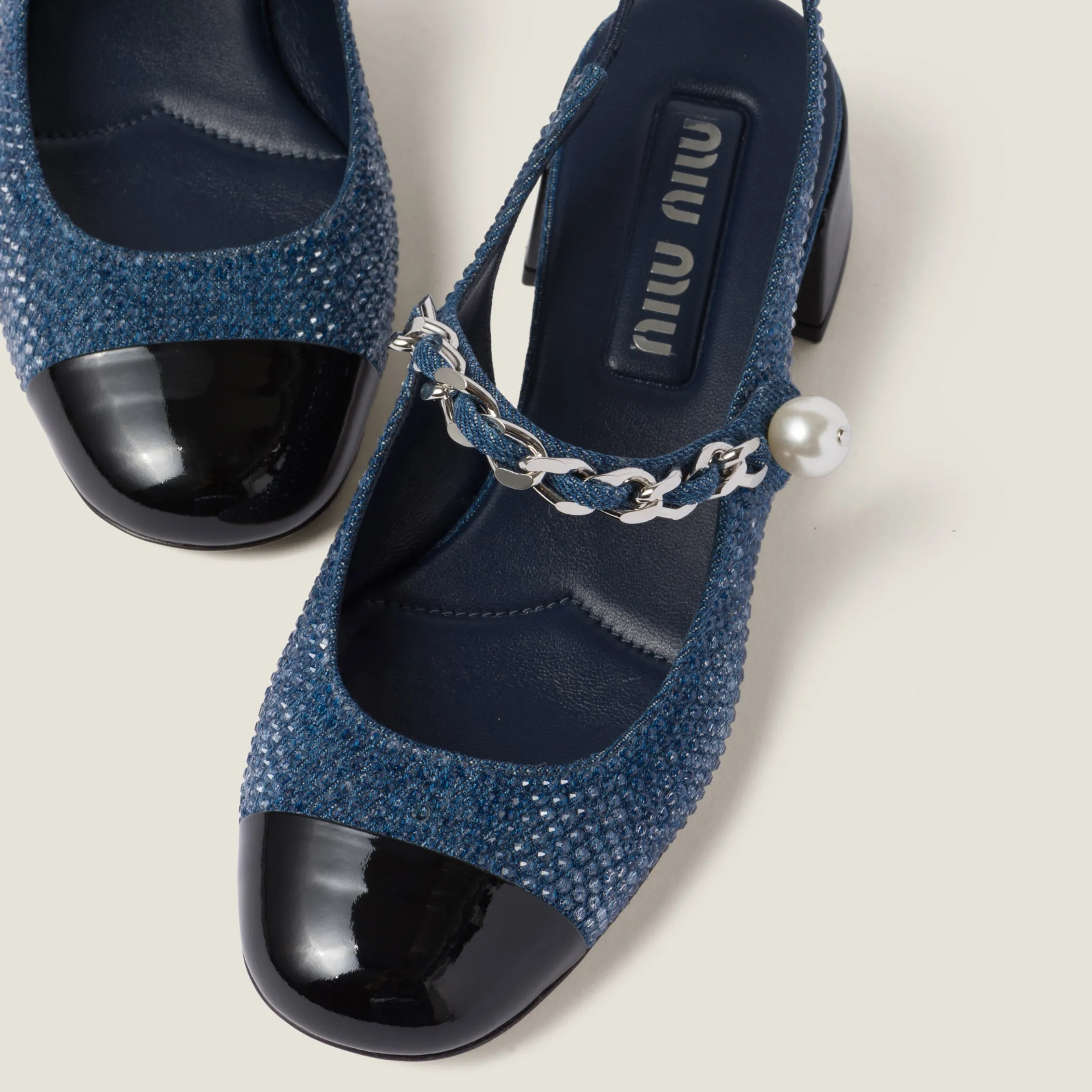 Denim/black Denim And Patent Leather Slingback Pumps With Artificial Crystals | Miu Miu