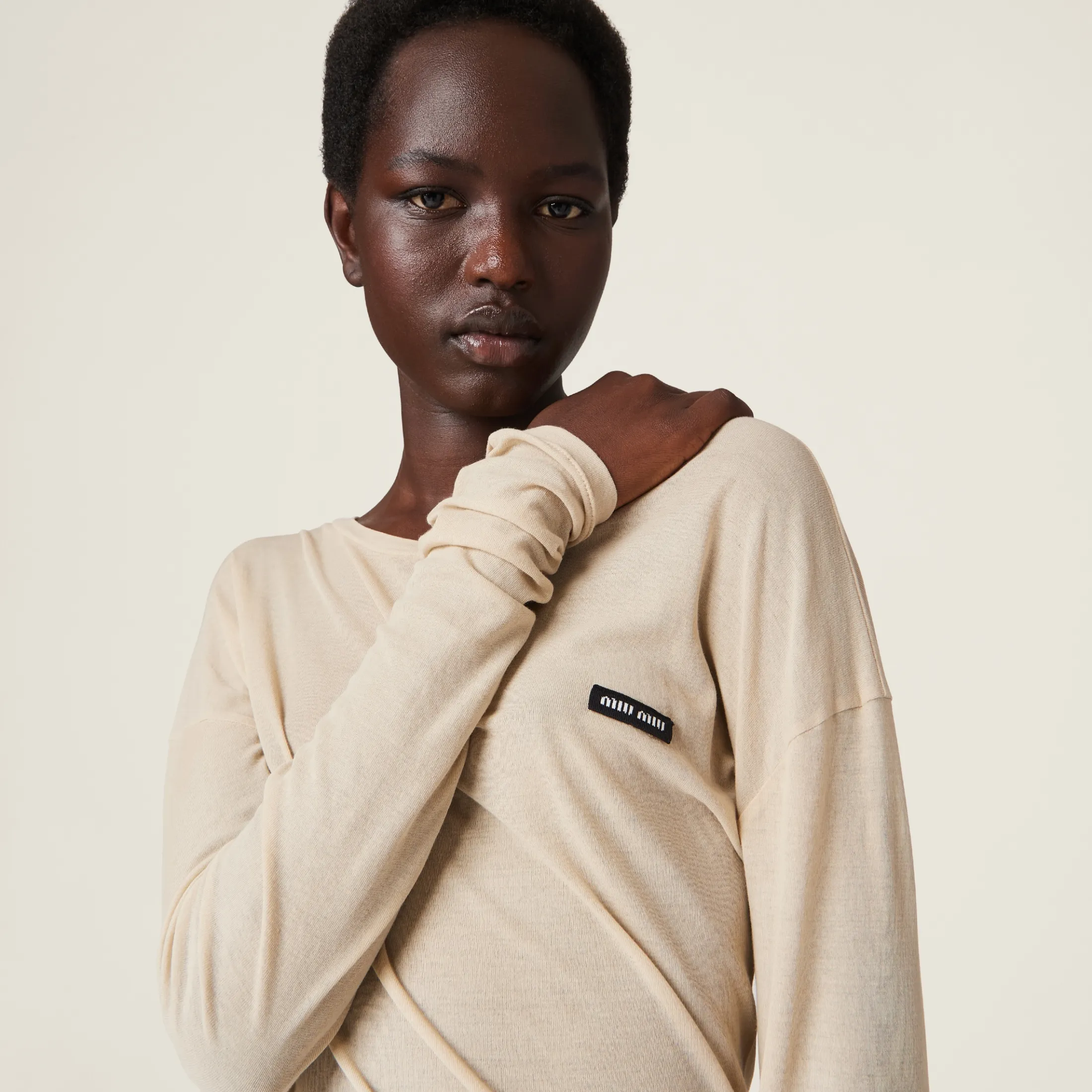 Desert Beige Garment-dyed Ribbed Jersey Knit Dress | Miu Miu