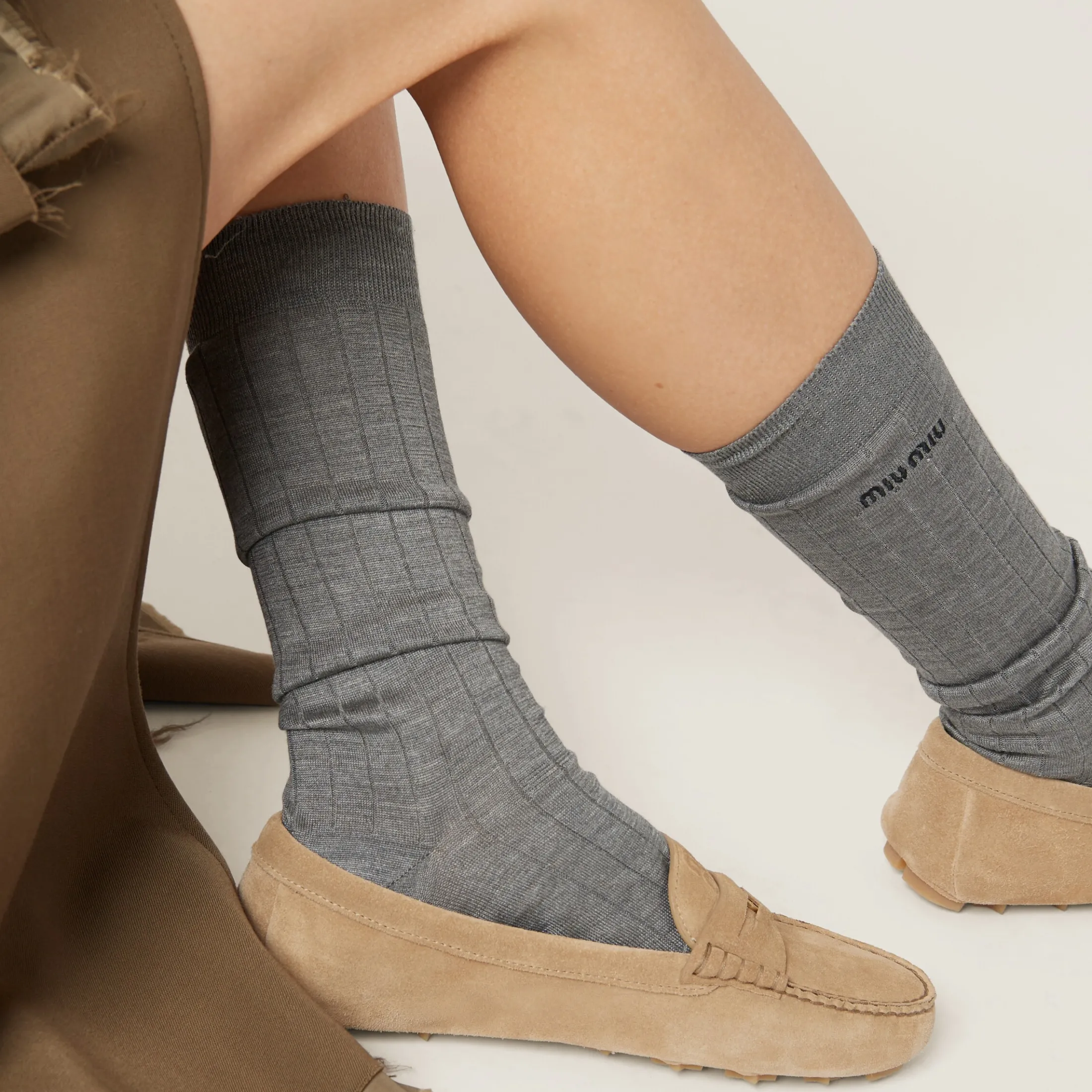 Ecru Suede Driving Shoes | Miu Miu