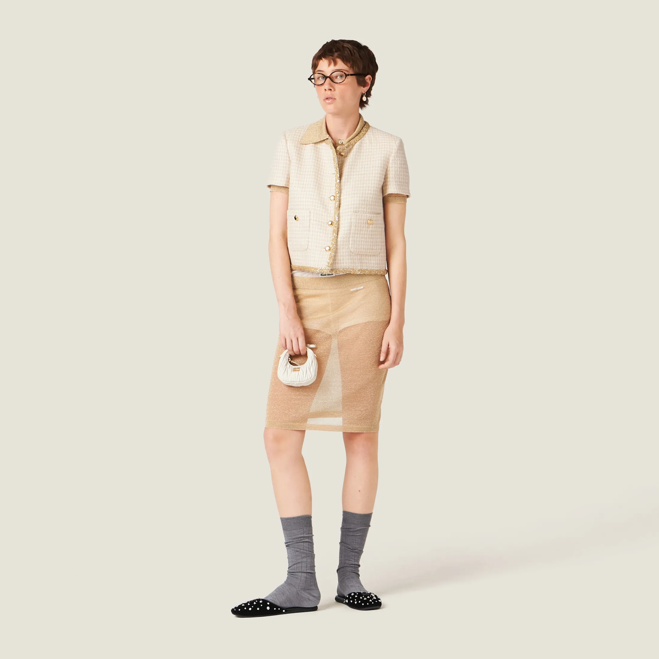 Gold Lamé Knit Polo Shirt | Miu Miu