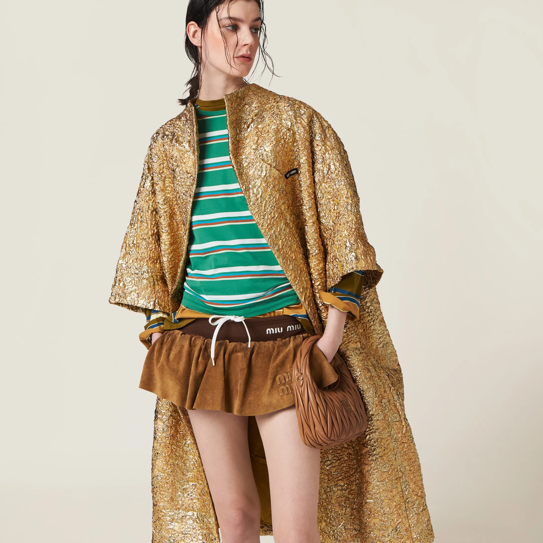 Gold Single-breasted Lamé Cloquet Jacquard Cape | Miu Miu