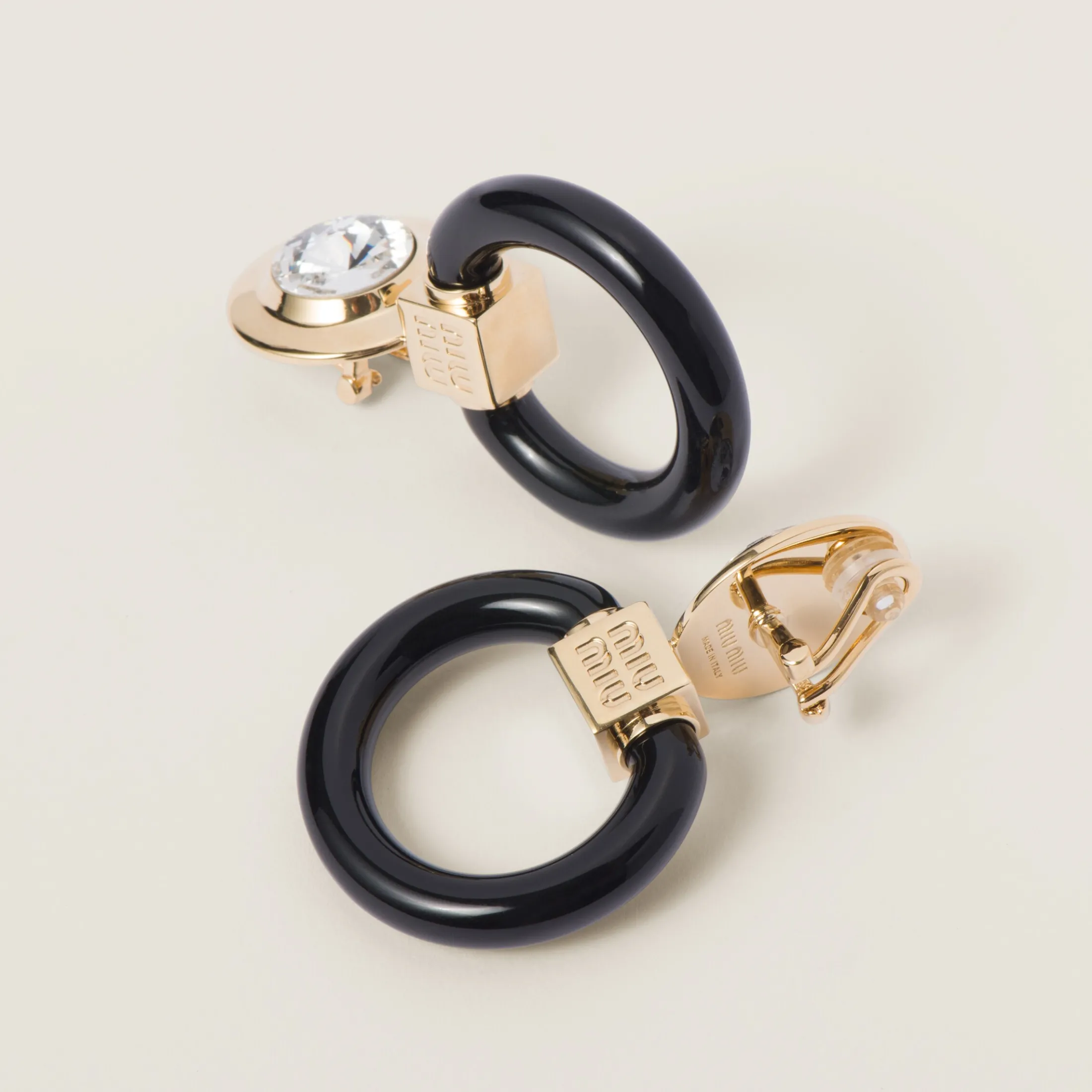 Gold/black/crystal Plexiglas And Metal Earrings | Miu Miu