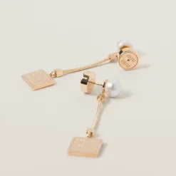 Gold/cream Metal Earrings With Artificial Pearls | Miu Miu