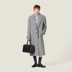 Gray/black Padded Single-breasted Houndstooth Check Coat | Miu Miu