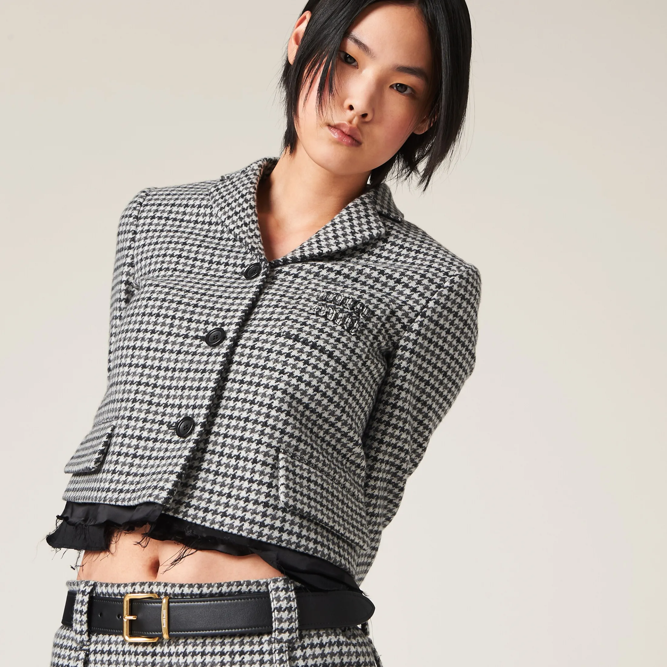Gray/black Single-breasted Houndstooth Check Jacket | Miu Miu