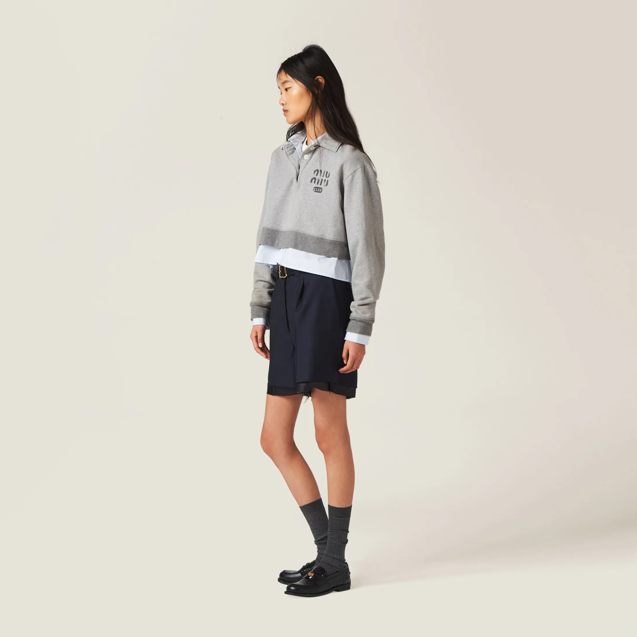 Grey Cotton Fleece Polo Shirt | Miu Miu