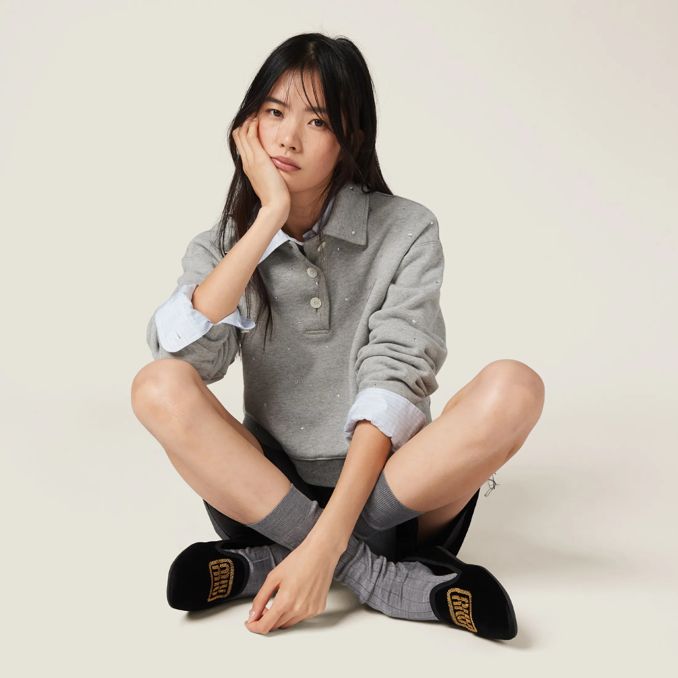 Grey Cotton Fleece Polo Shirt | Miu Miu
