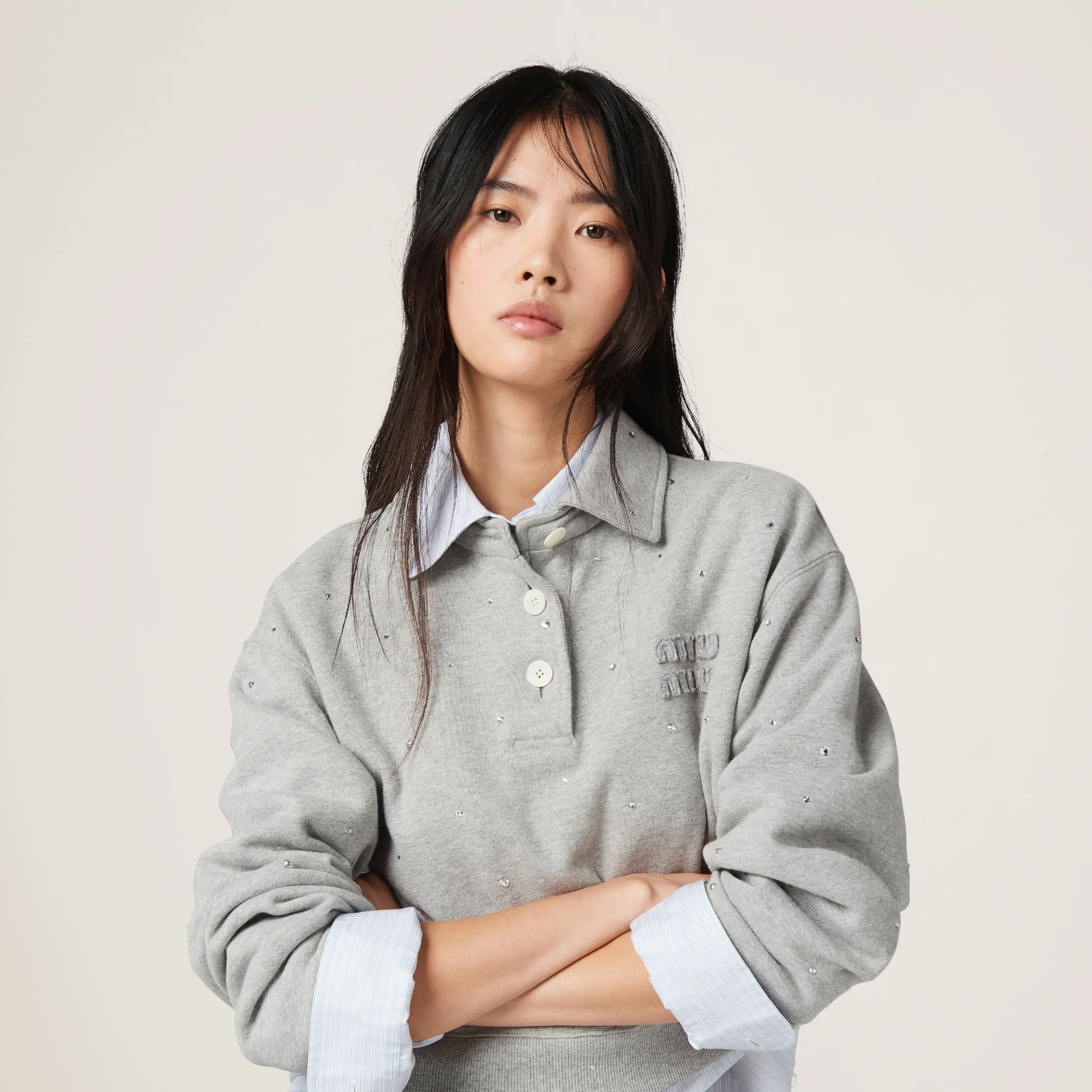 Grey Cotton Fleece Polo Shirt | Miu Miu