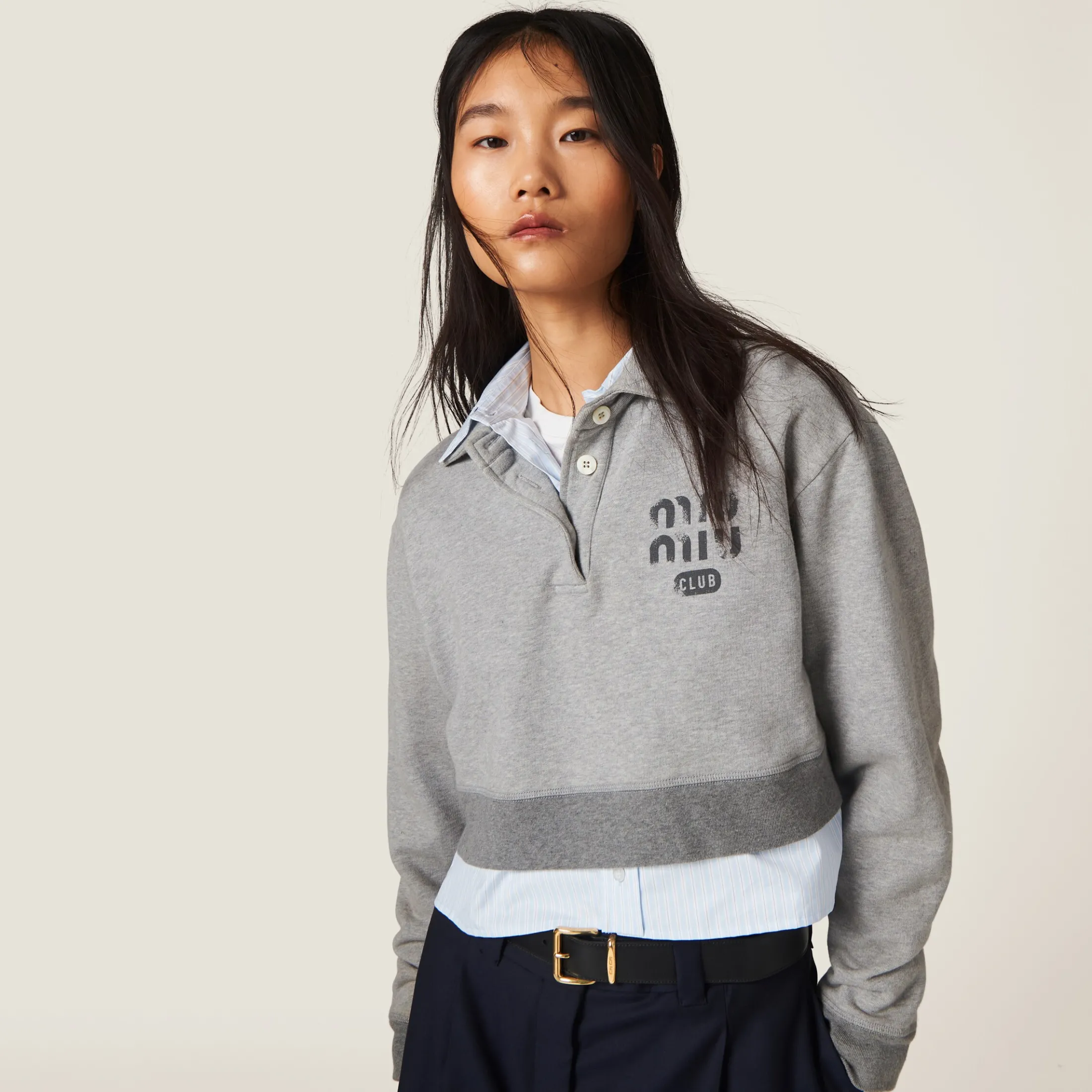 Grey Cotton Fleece Polo Shirt | Miu Miu